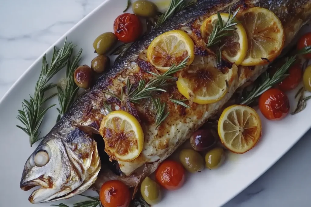 Roasted branzino with lemon, herbs, and garlic served on a white platter with fresh garnishes.