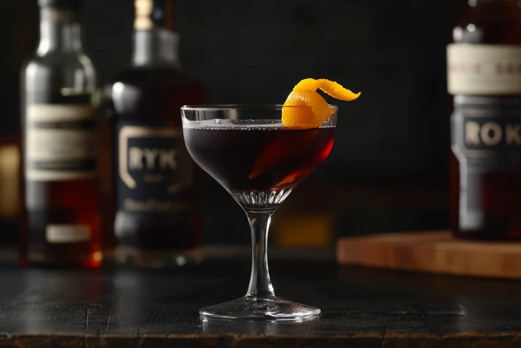 Close-up view of a Black Manhattan cocktail in a coupe glass with orange zest garnish, displayed on a dark wooden bar.