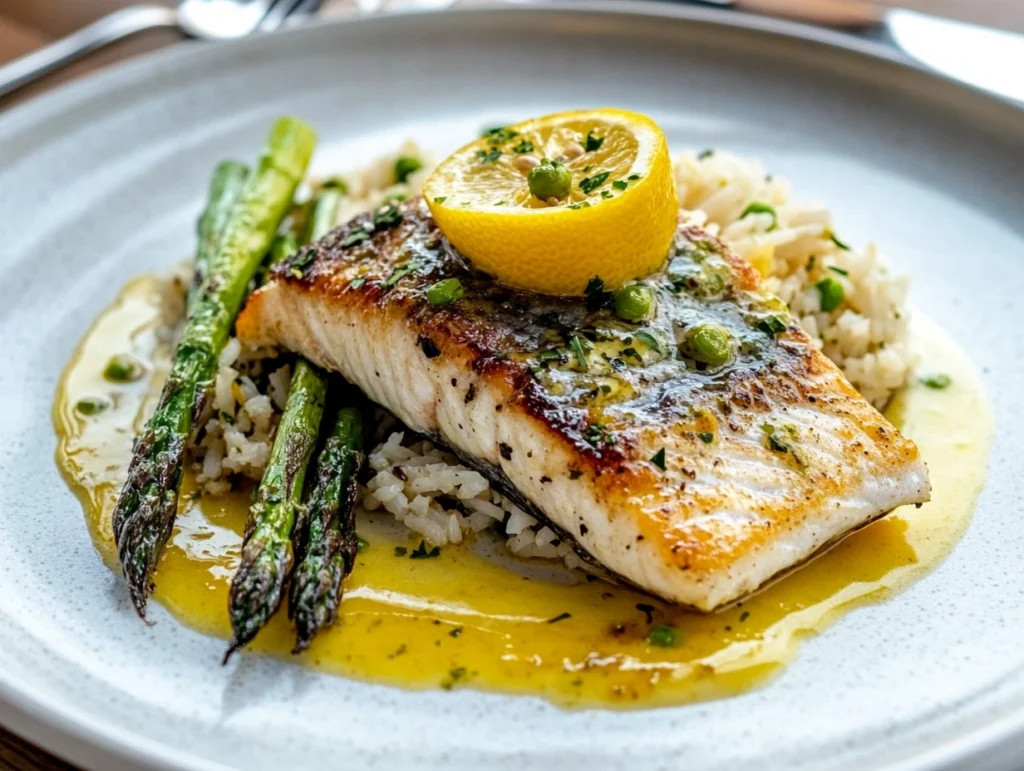 A beautifully plated pan-seared branzino fillet with lemon butter sauce, roasted asparagus, and herb rice.