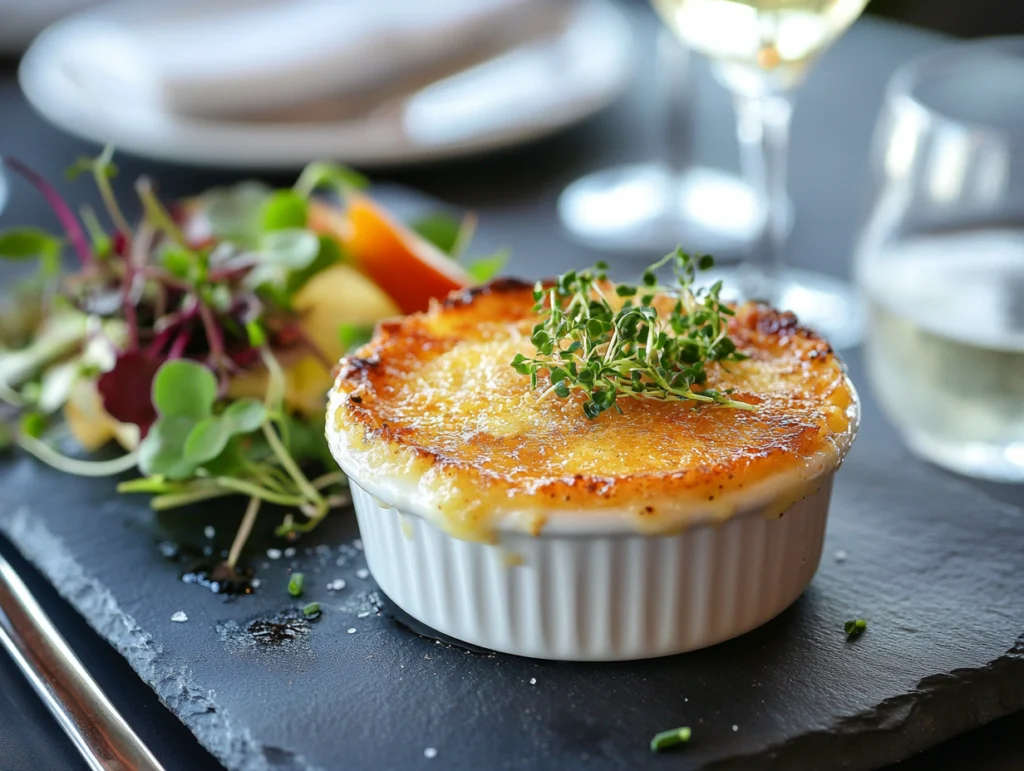 A plated crab brûlée garnished with microgreens and lemon zest, served with a salad and a glass of white wine.