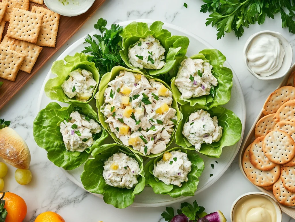 Chicken salad served in lettuce cups with crackers, baguette slices, and fresh fruit on a marble countertop.