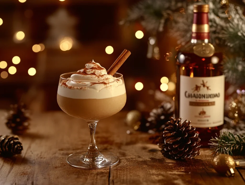 A glass of creamy Sabajón Colombiano garnished with cinnamon, surrounded by festive holiday decorations.