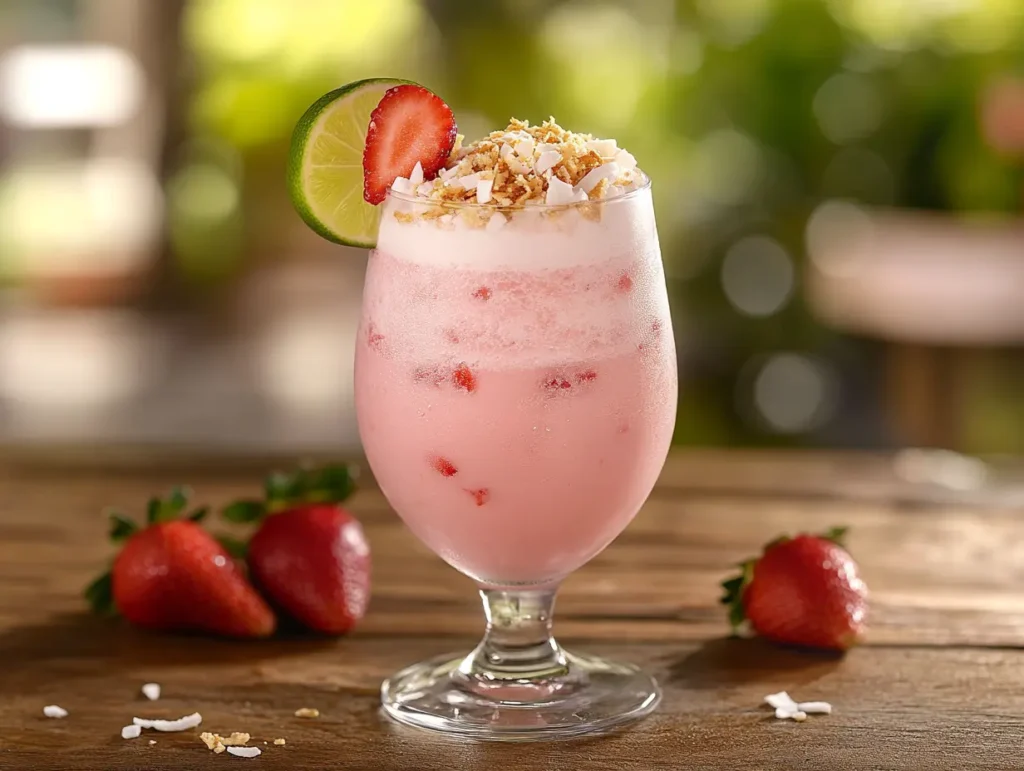 "Finished pink drink served with fresh strawberries, coconut flakes, and lime on a rustic wooden table."