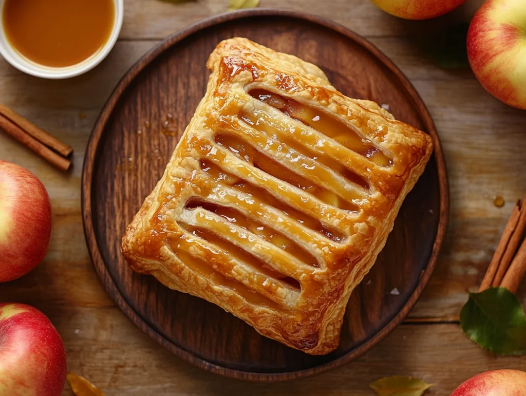 Apple and cinnamon puff pastry turnover drizzled with caramel, surrounded by apples and cinnamon sticks