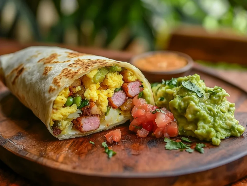 A Spam breakfast burrito filled with eggs, potatoes, and diced Spam, served with salsa and guacamole.