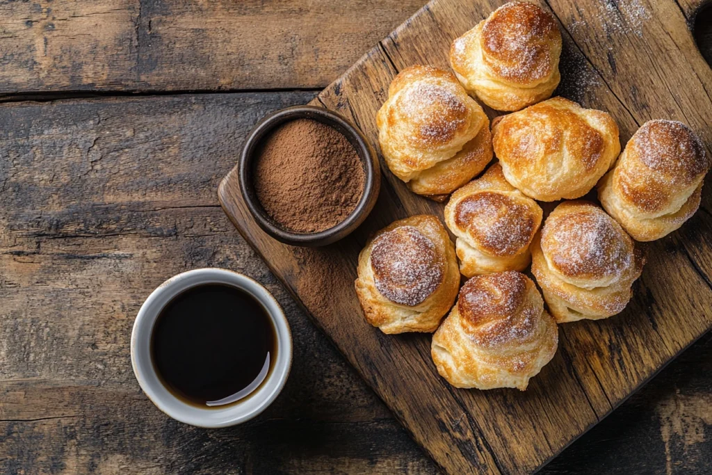 Freshly baked French Breakfast Puffs coated in cinnamon sugar, placed on a wooden board with coffee and cinnamon sticks.