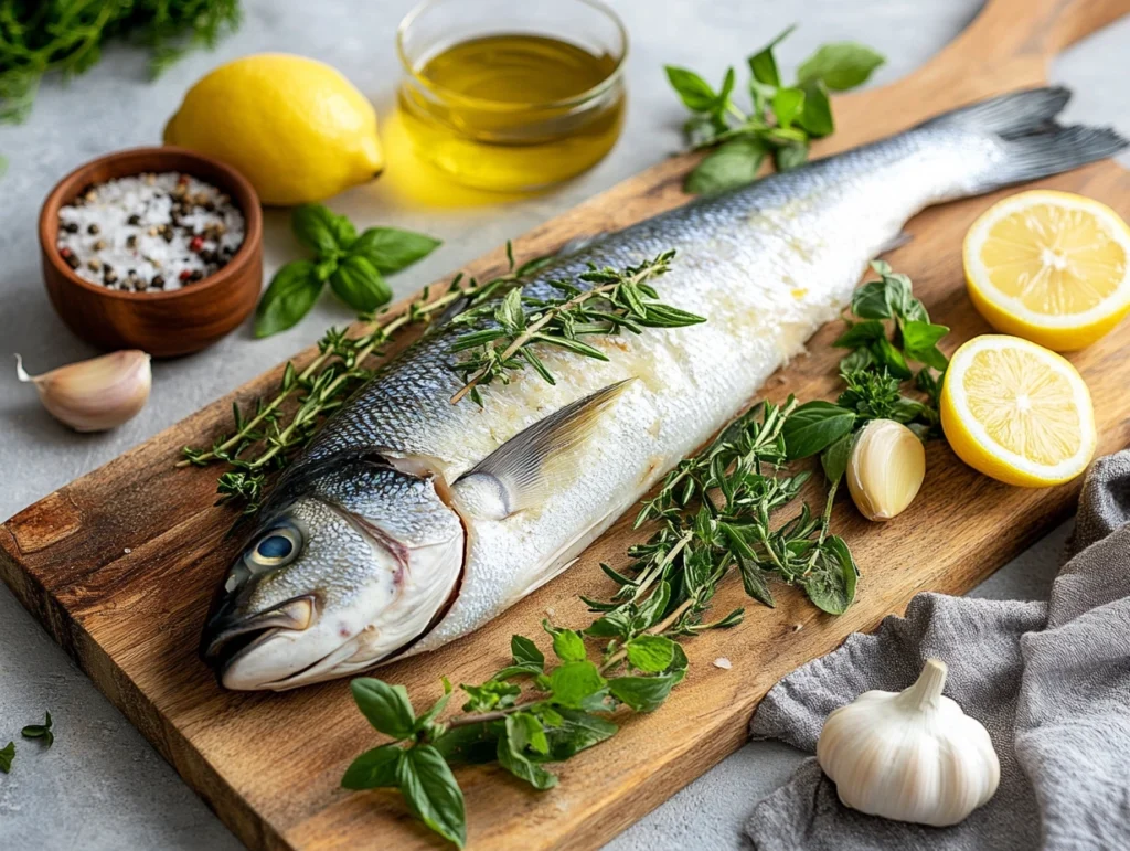 Fresh whole branzino on a wooden board surrounded by garlic, lemon, and herbs, ready for cooking.