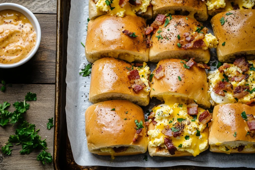 Overhead view of breakfast sliders on a baking sheet, filled with scrambled eggs, bacon, and melted cheese, with buttery golden tops sprinkled with seasoning.