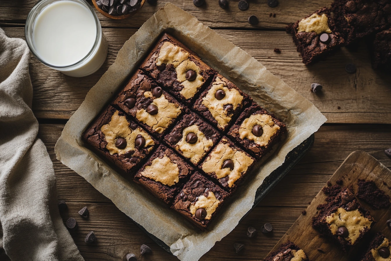 Close-up of freshly baked brookies with distinct brownie and cookie layers, surrounded by chocolate chips and a glass of milk.