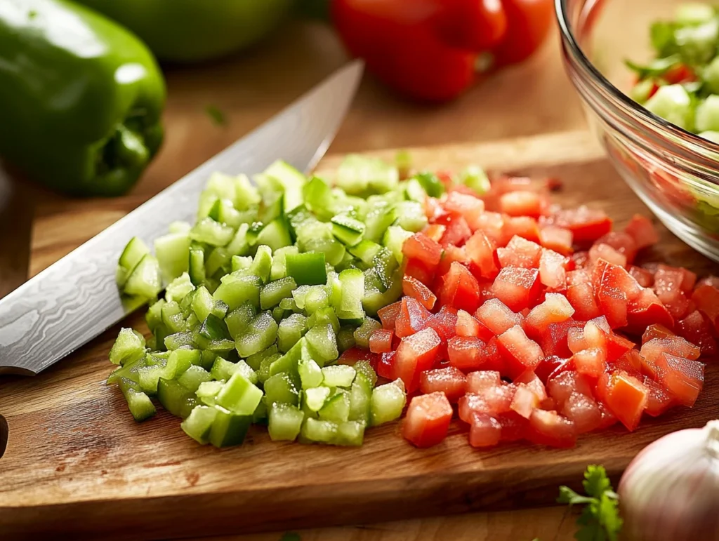 Finely chopped green tomatoes, bell peppers, and onions on a wooden cutting board with a chef’s knife and mixing bowl.