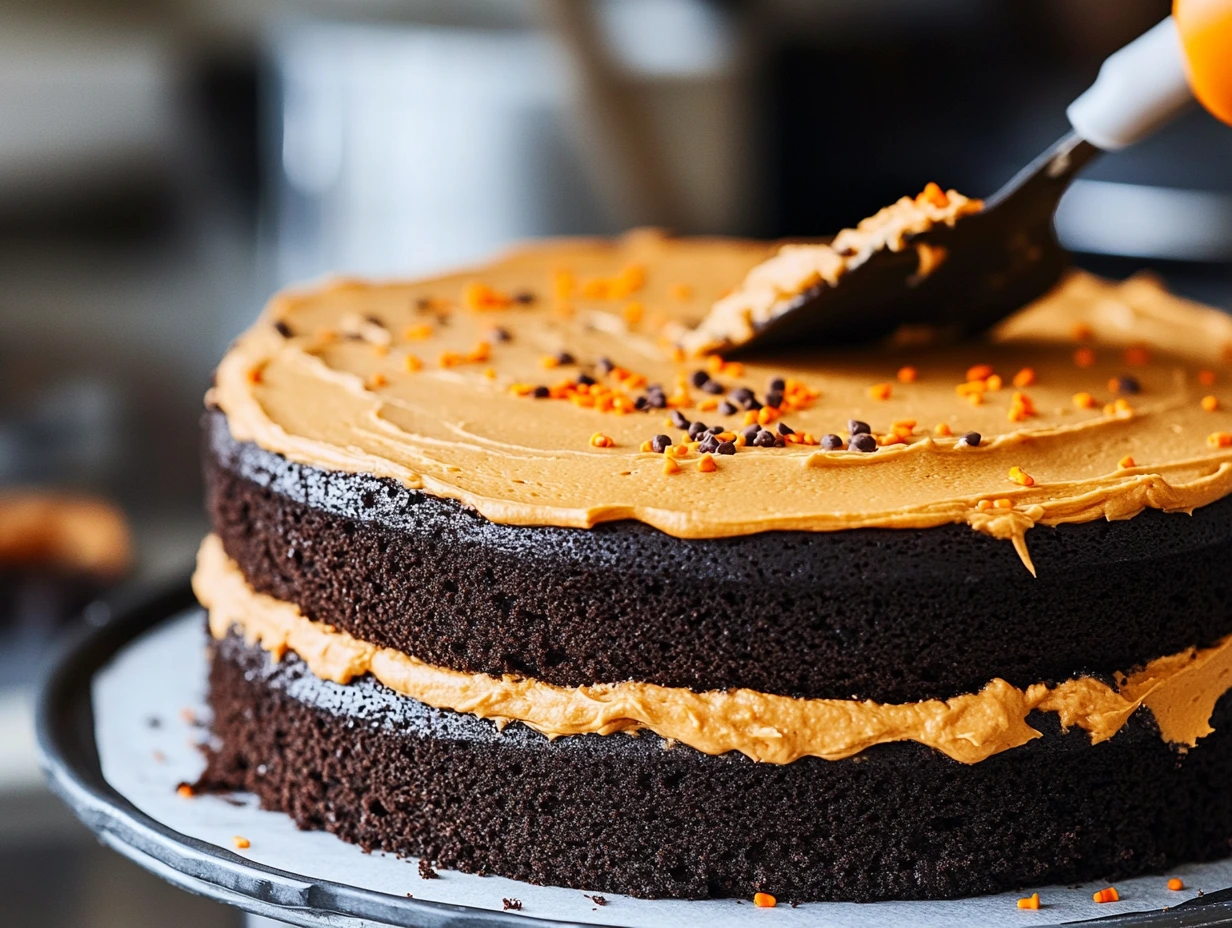 Frosting a Halloween chocolate cake with dark ganache and orange buttercream piping.