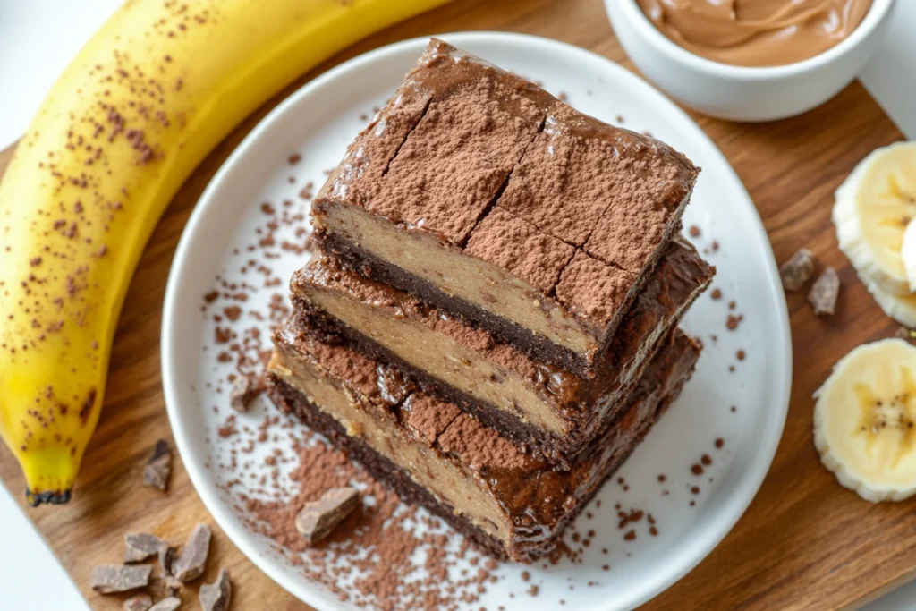 Stack of fudgy chocolate protein brownies with a crackly top on a white plate, surrounded by almond butter and bananas.