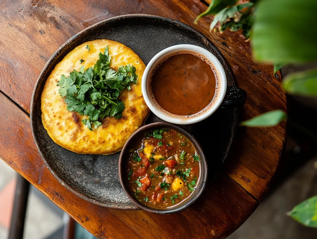 Close-up of a Colombian breakfast with a golden arepa con quesito, a bowl of caldo de costilla, and hot chocolate on a wooden table.