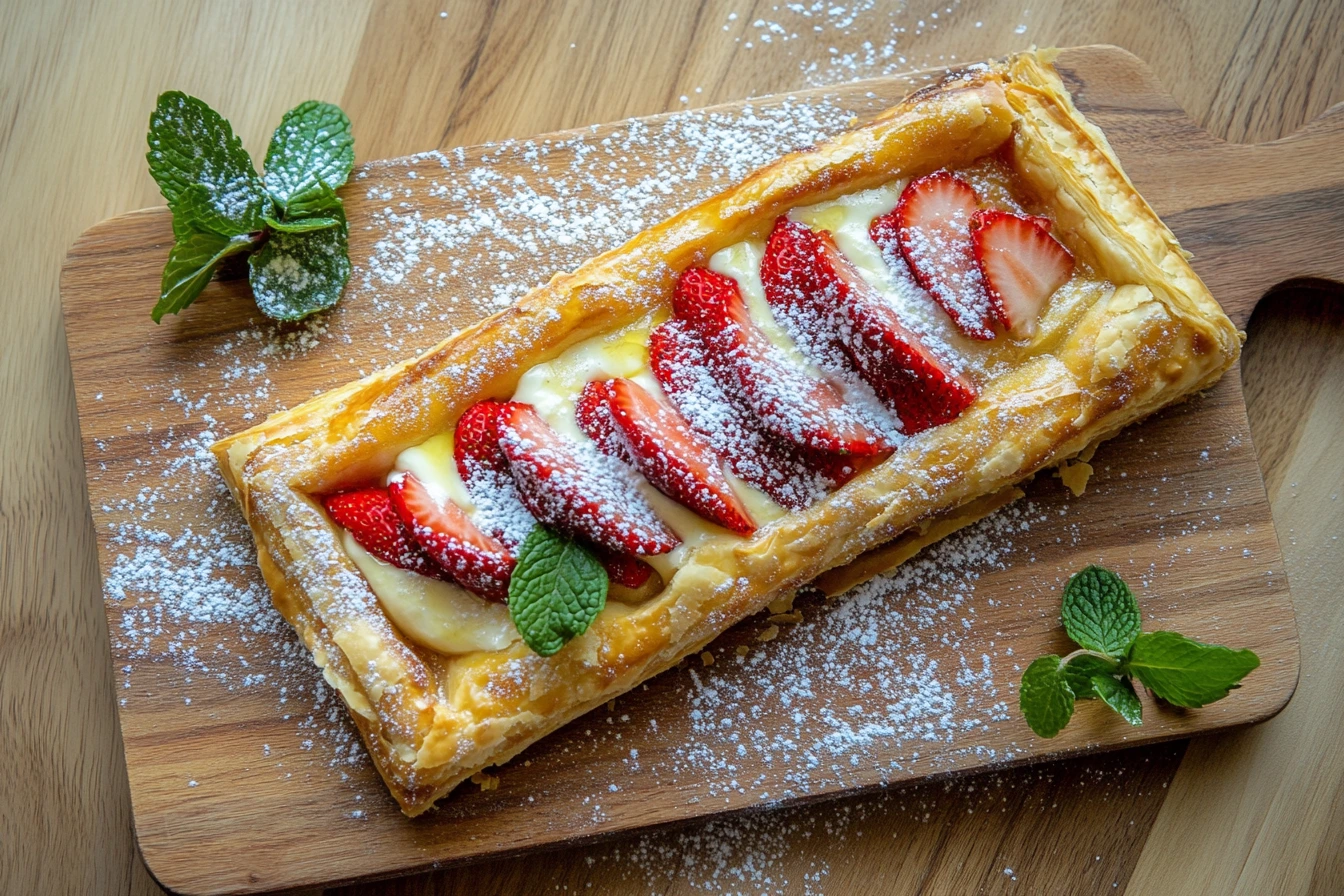 Golden puff pastry tart topped with strawberries and cream, with a rustic wooden serving board in a bright kitchen setting