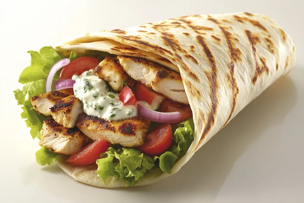 Chicken gyro wrapped in pita bread with tzatziki sauce, fresh vegetables, and grilled chicken slices.