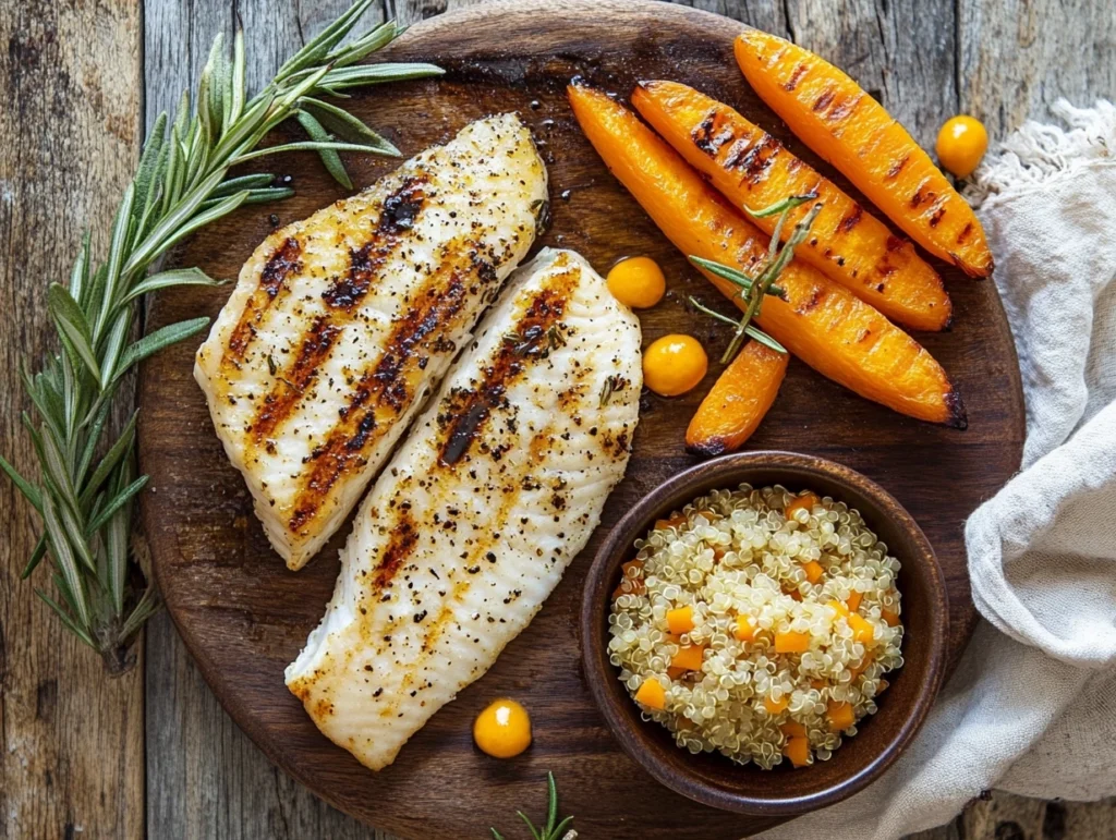 Grilled rockfish dinner with roasted carrots, quinoa, and lemon herb sauce on a rustic table.