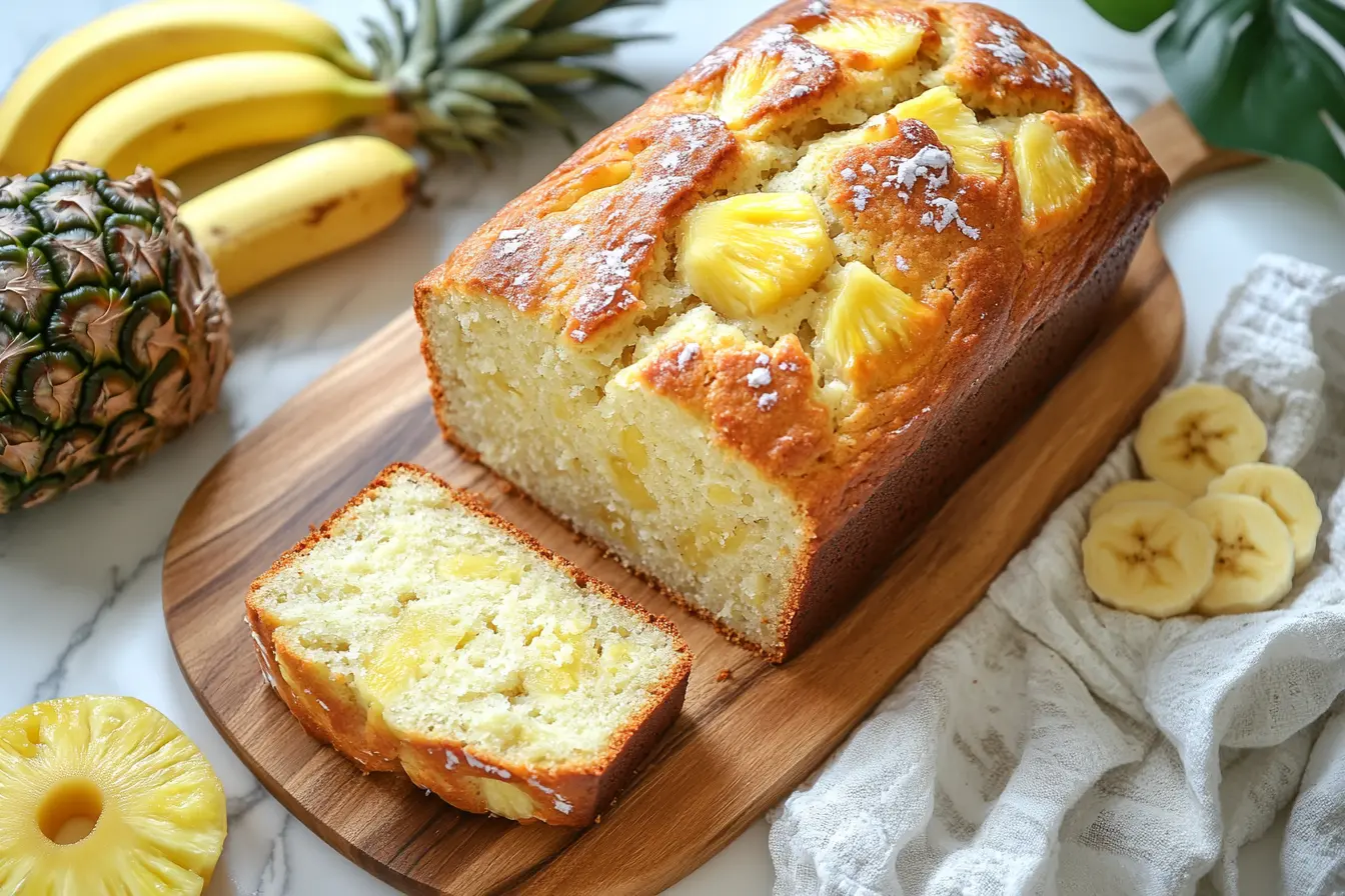 "Hawaiian banana bread with coconut and pineapple on a wooden board, with slices revealing the moist texture and tropical flavors."