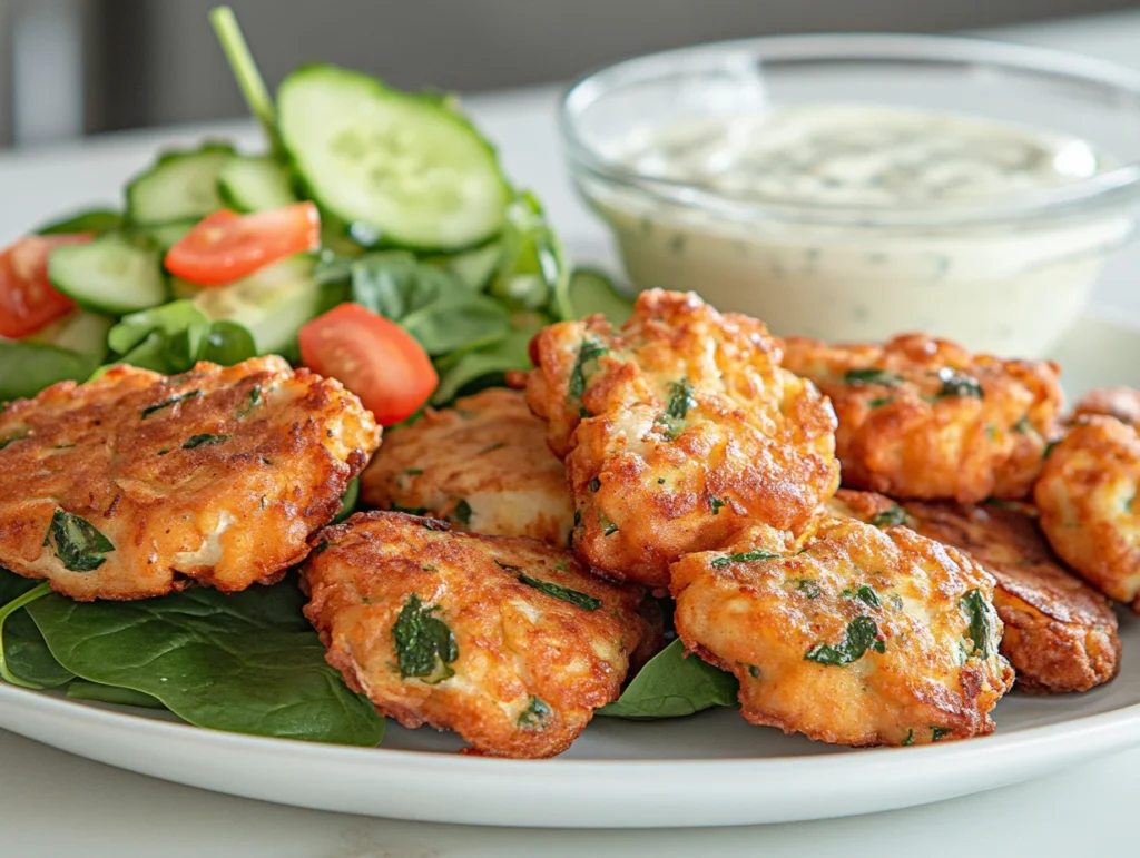 Healthy rotisserie chicken fritters served with fresh vegetables like spinach, tomato, and cucumber, alongside low-fat ranch dressing for a nutritious meal.