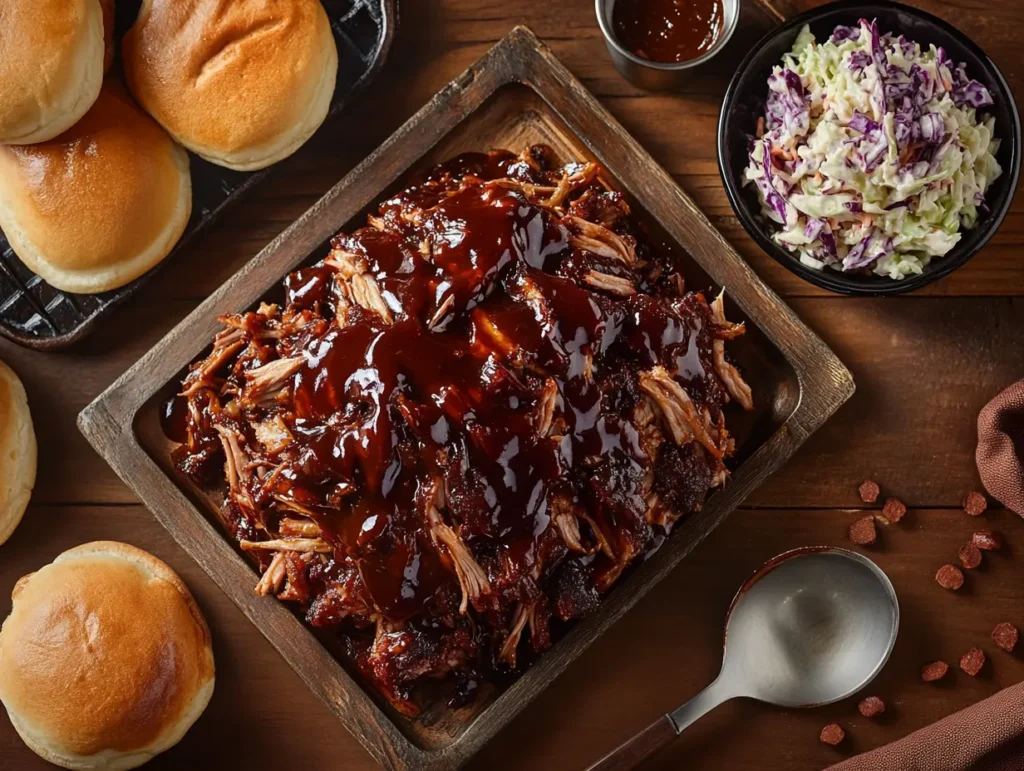 A platter of shredded pulled pork with BBQ sauce, surrounded by hamburger buns, coleslaw, and a serving spoon.