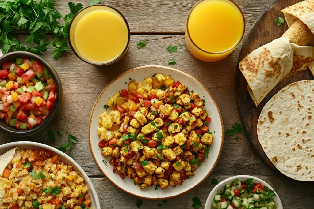 A hearty Spam breakfast spread with a skillet of Spam and eggs, a breakfast burrito, and a veggie hash.