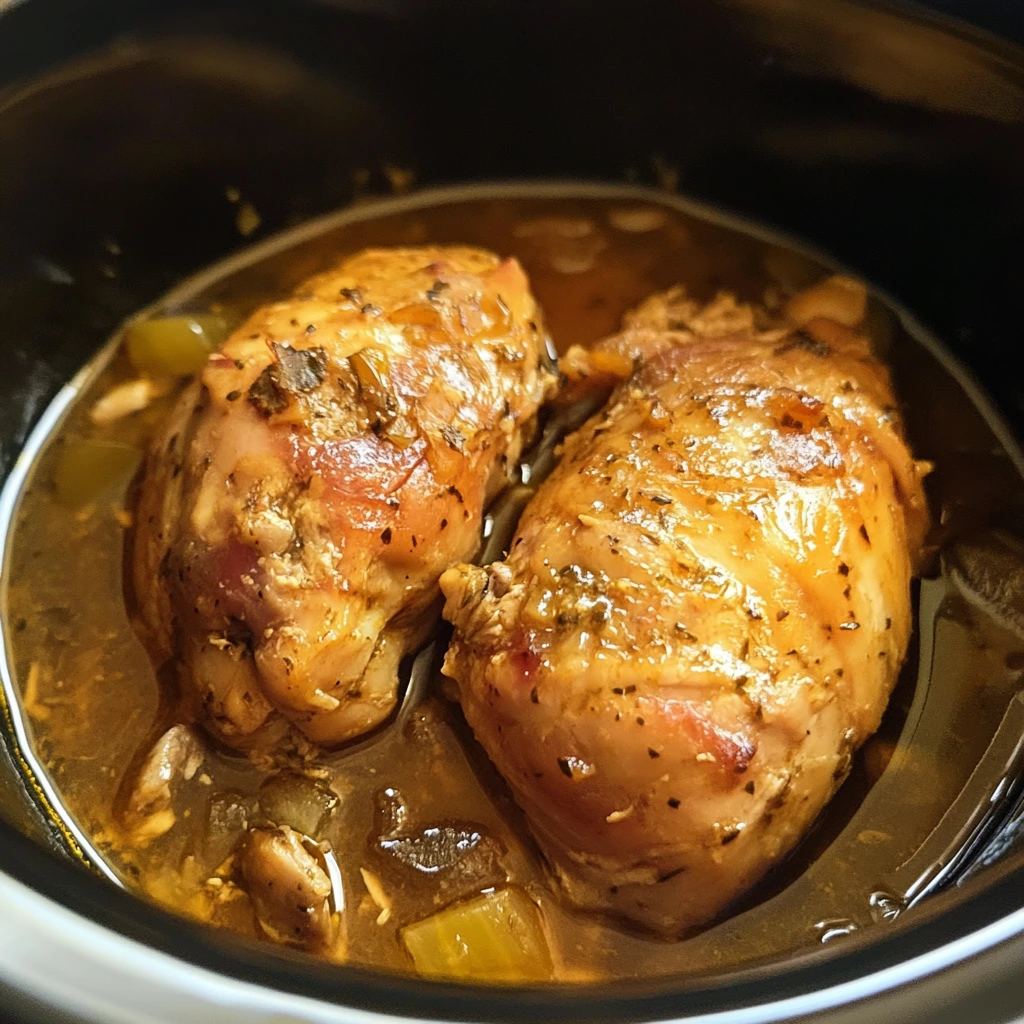 Slow-cooked herb-seasoned chicken in a Crock-Pot with fresh rosemary and garlic, emitting steam, showcasing the delicious result of slow cooking.