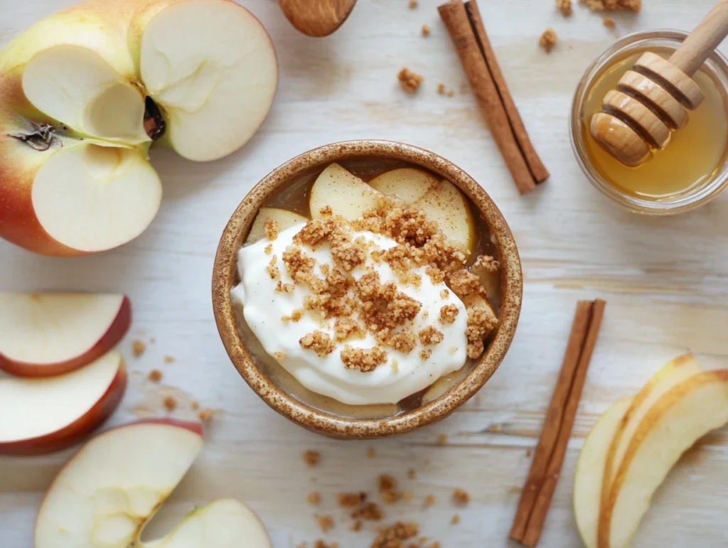 A high-protein apple crumble with golden topping and Greek yogurt, surrounded by fresh apples, cinnamon sticks, and honey