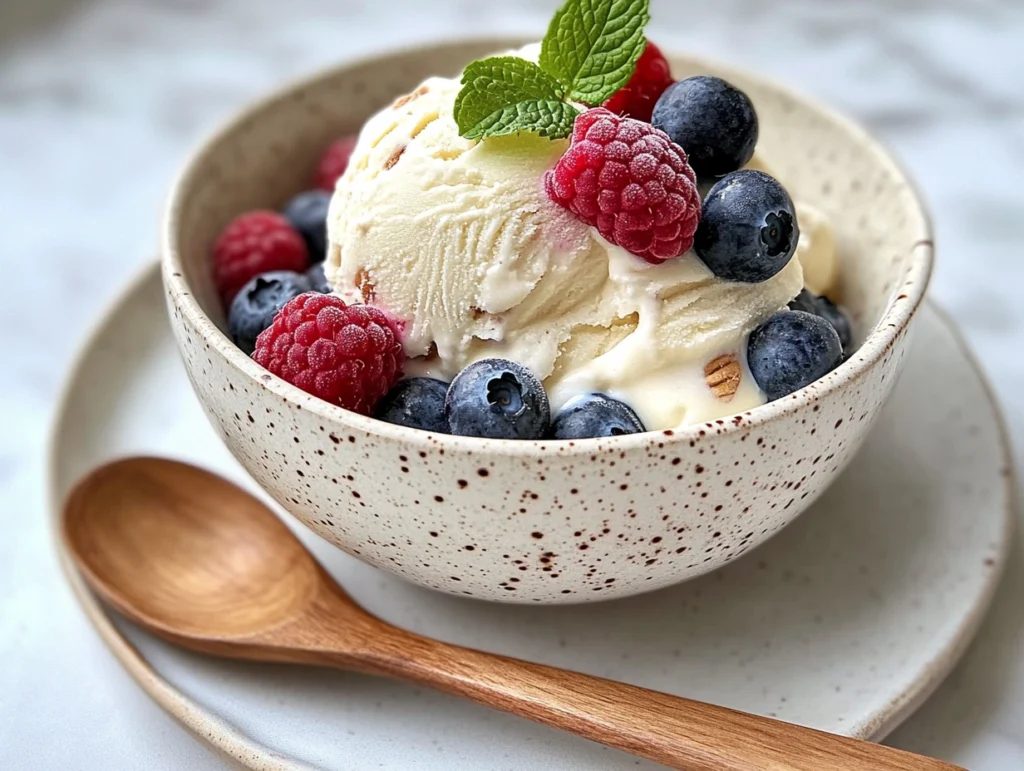  Bowl of homemade frozen yogurt topped with fresh berries and mint, served with a wooden spoon.