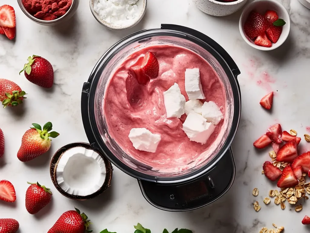 "Blending pink drink ingredients in a high-powered blender with fresh strawberries, acai powder, and coconut milk."