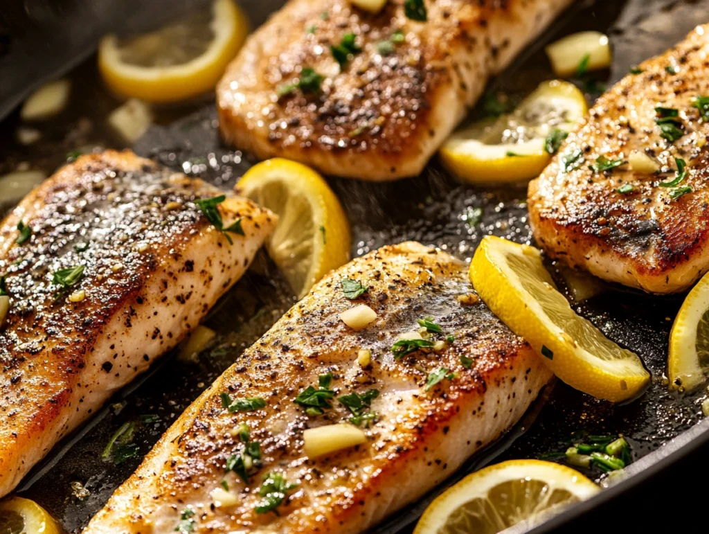 Pan-searing branzino fillets in a skillet with garlic, lemon slices, and fresh herbs for a crispy and flavorful finish.