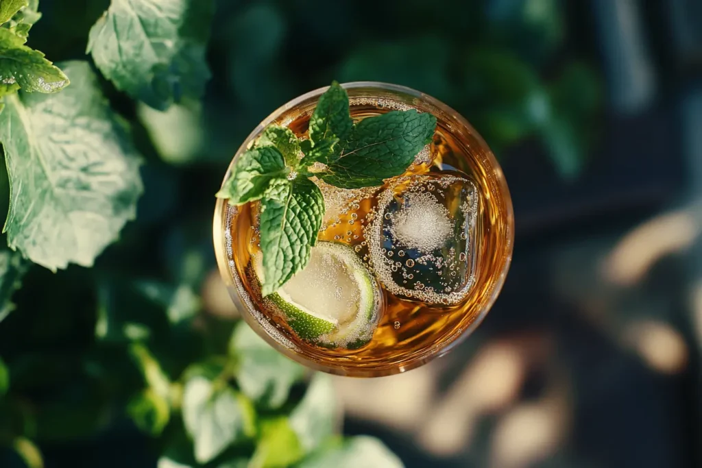 Refreshing Hugo Spritz cocktail with elderflower liqueur, Prosecco, lime, and mint served outdoors.