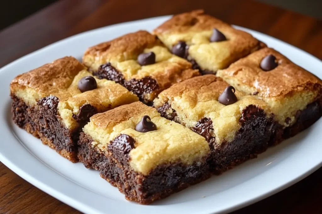 Freshly baked brookies on a white plate, showcasing the layered brownie and chocolate chip cookie combination