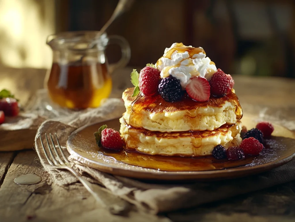 Stack of golden cottage cheese pancakes topped with berries and whipped cream.