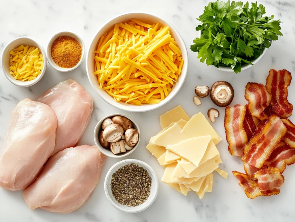 Ingredients for Alice Springs Chicken, including chicken breasts, cheese, bacon, mushrooms, honey mustard, and seasonings on a marble countertop.