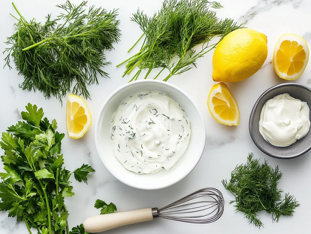 Ingredients for chicken salad dressing, including mayonnaise, sour cream, lemon wedges, Dijon mustard, and fresh herbs, displayed on a white marble counter.