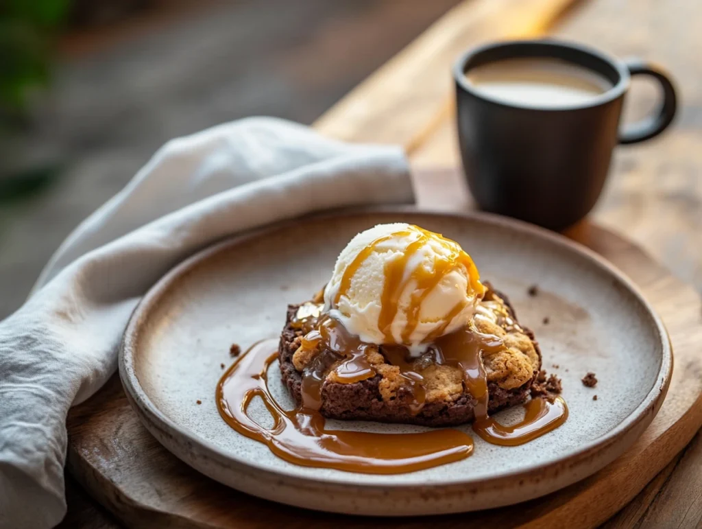 Warm brookies topped with vanilla ice cream and caramel sauce, served on a rustic plate with coffee in the background.