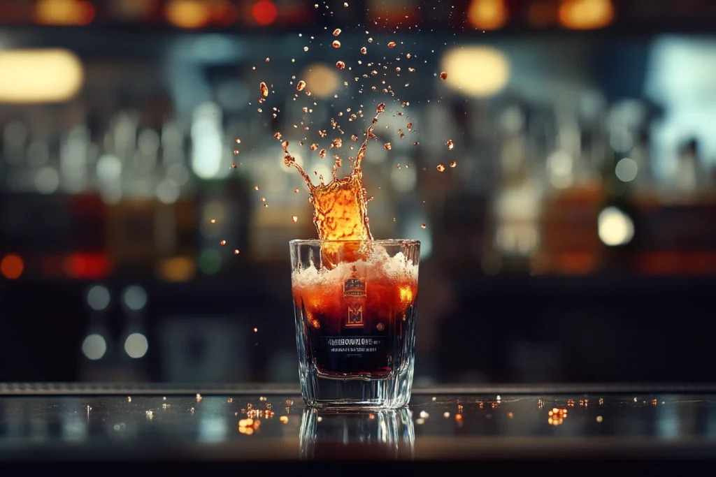 A close-up shot of a Jäger Bomb being prepared, with the shot glass mid-splash as it drops into a pint glass of Red Bull, set against a stylish bar background.