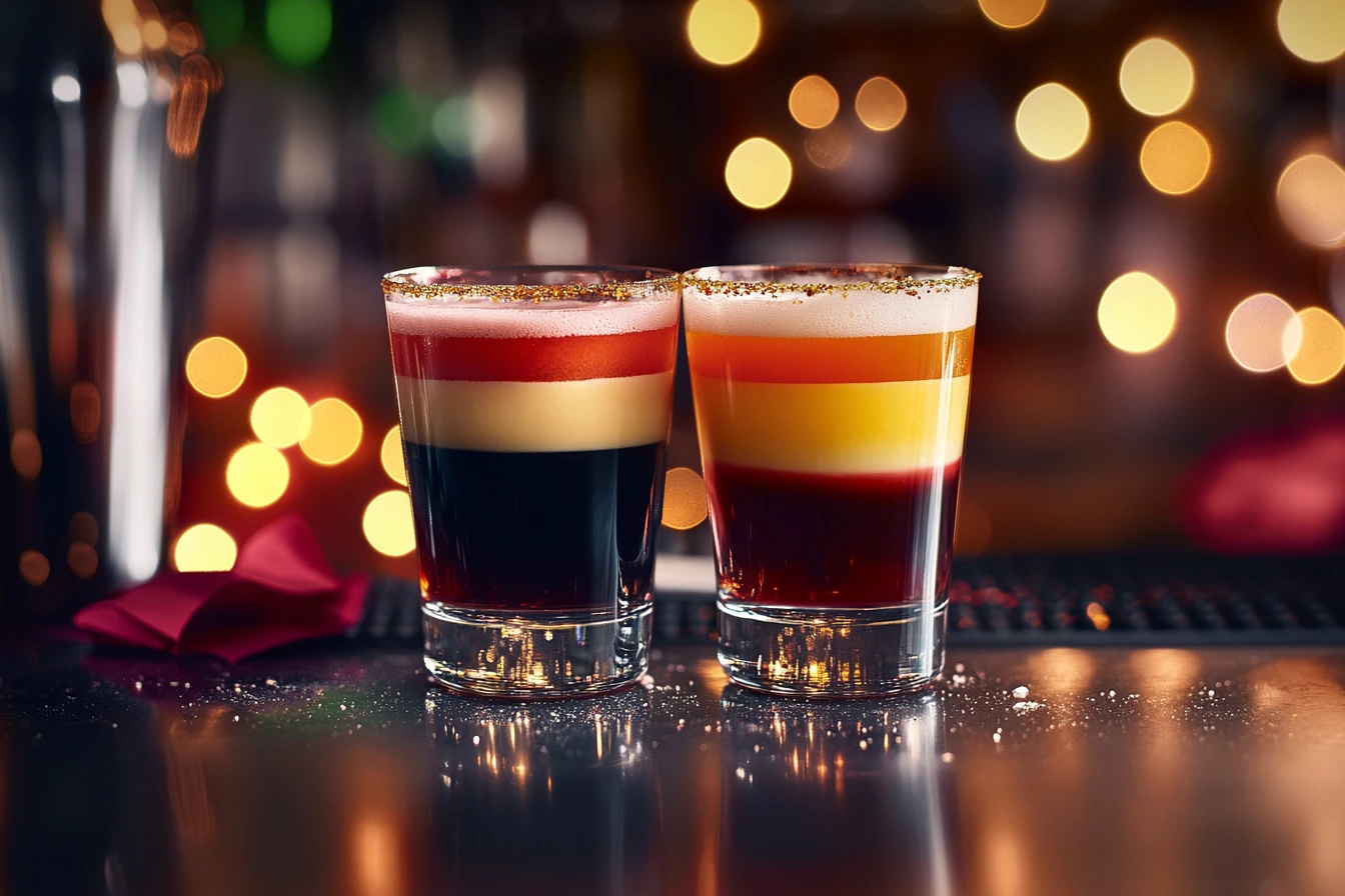 Close-up of a Jäger Bomb and a Vegas Bomb on a bar counter, surrounded by subtle neon reflections and party-themed decorations.