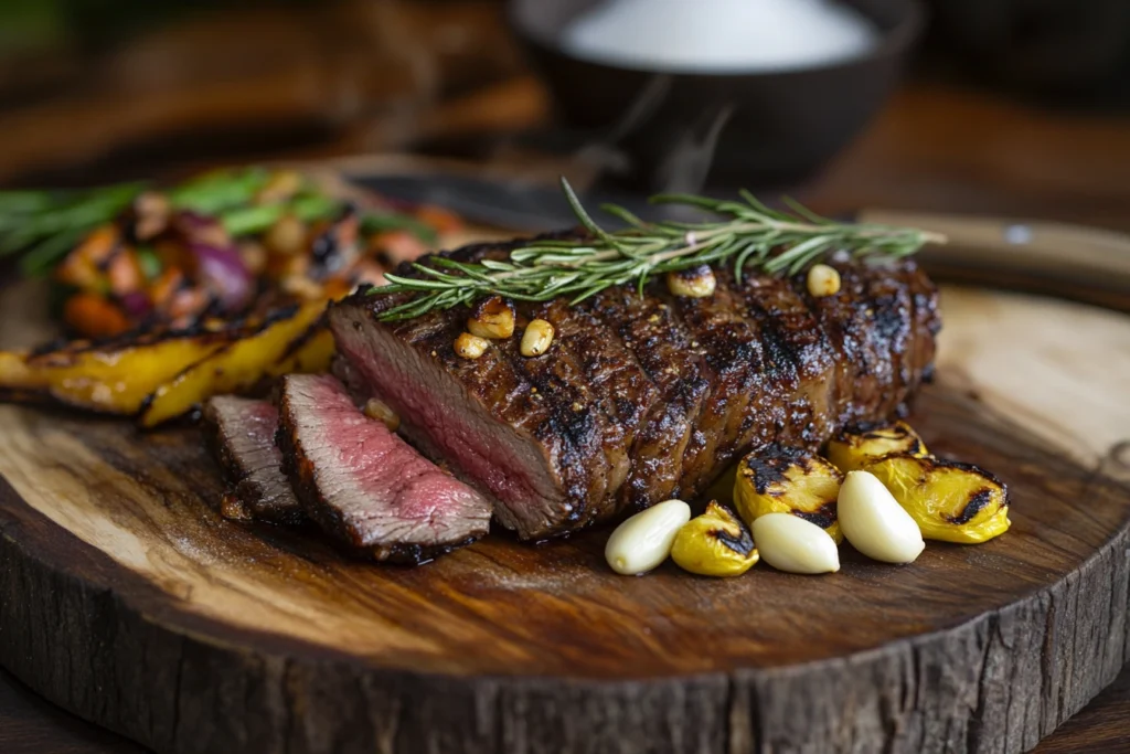 Perfectly seared skirt steak sliced thinly, garnished with rosemary and garlic, resting on a wooden board with grilled vegetables nearby.