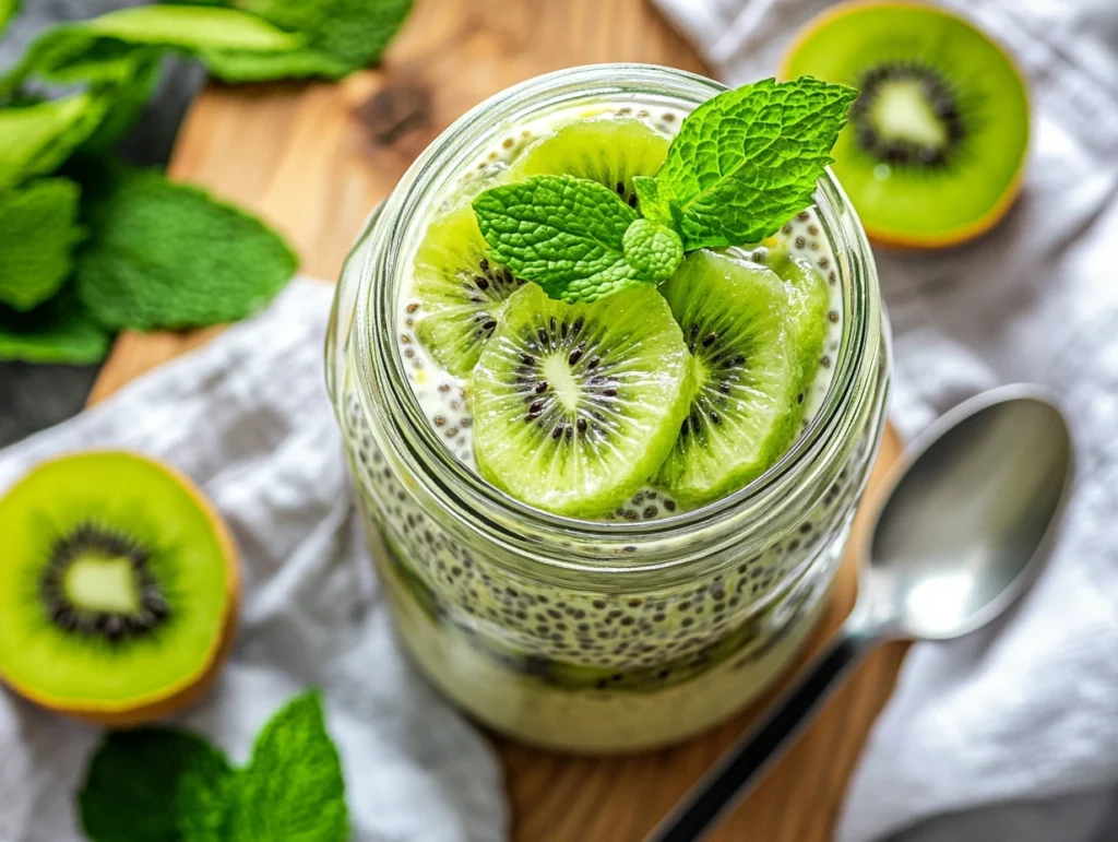 Mason jar of layered chia pudding with fresh kiwi slices and a mint sprig on a wooden table.