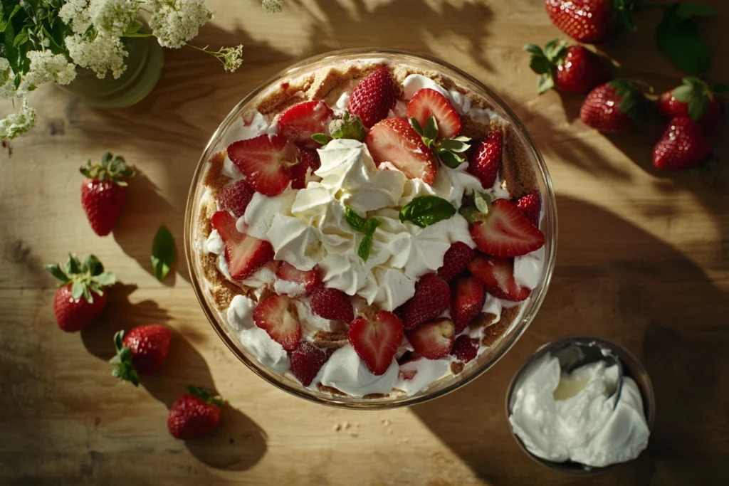 Layered strawberry tiramisu trifle in a clear glass bowl, garnished with fresh strawberries and whipped cream