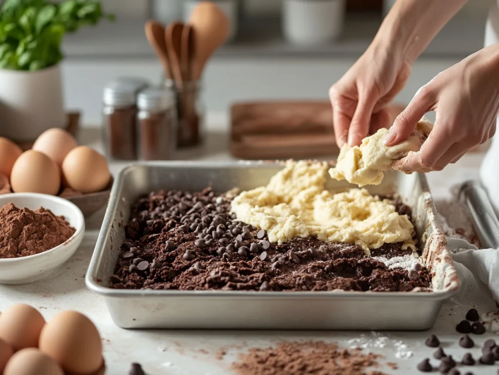 Hands layering cookie dough over brownie batter in a baking tray, surrounded by baking ingredients.