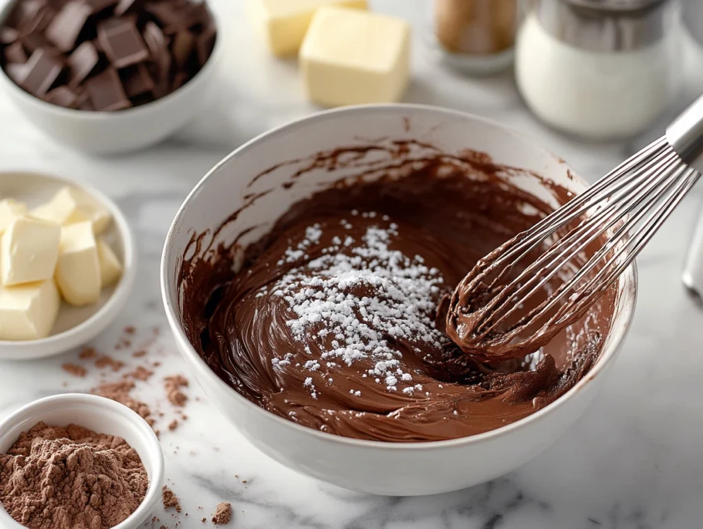 "Mixing chocolate cobbler batter in a bowl with a whisk, surrounded by ingredients like cocoa powder, sugar, butter, and milk on a marble countertop."