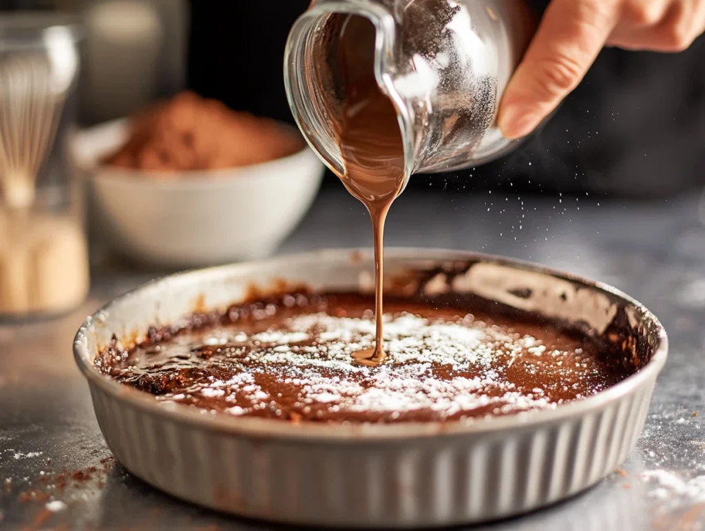 Hand pouring hot water over layered chocolate cobbler batter in a baking dish, showing the step-by-step process.