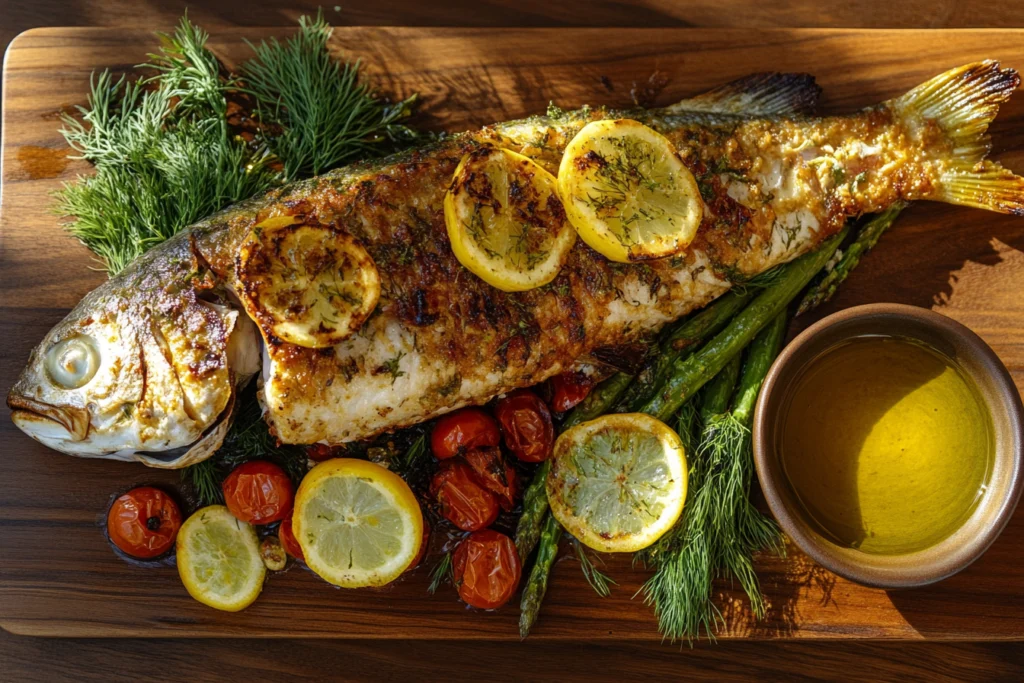 A roasted branzino garnished with fresh dill, thyme, and lemon slices, served on a rustic platter with roasted cherry tomatoes and asparagus.