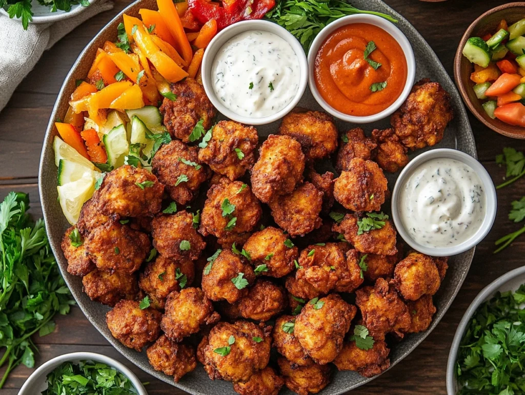 A platter of mini rotisserie chicken fritters served with various dipping sauces, garnished with fresh parsley and colorful veggies, perfect for a party or gathering.