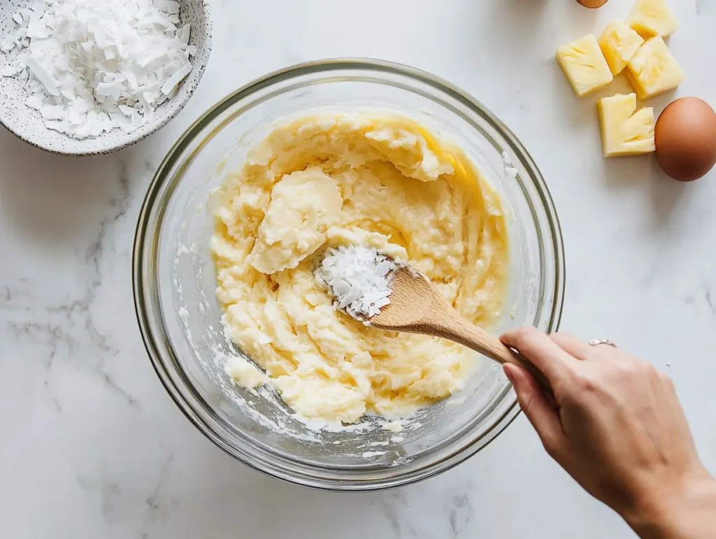 "Mixing wet ingredients for Hawaiian banana bread, including mashed bananas, eggs, and melted butter, with pineapple chunks and coconut on the counter."