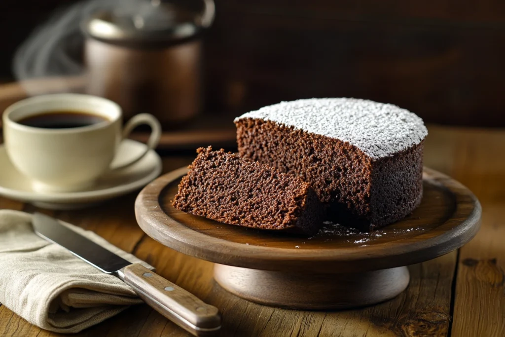 Moist chocolate pound cake on a wooden cake stand, topped with powdered sugar, and surrounded by a knife and a coffee cup on a rustic kitchen counter.