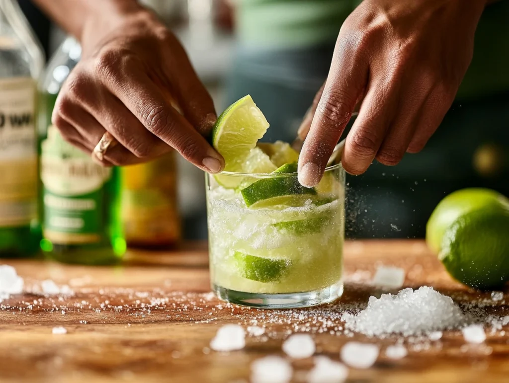 Hands using a muddler to press lime and sugar in a glass for a caipirinha cocktail, with crushed ice and cachaça in the background.