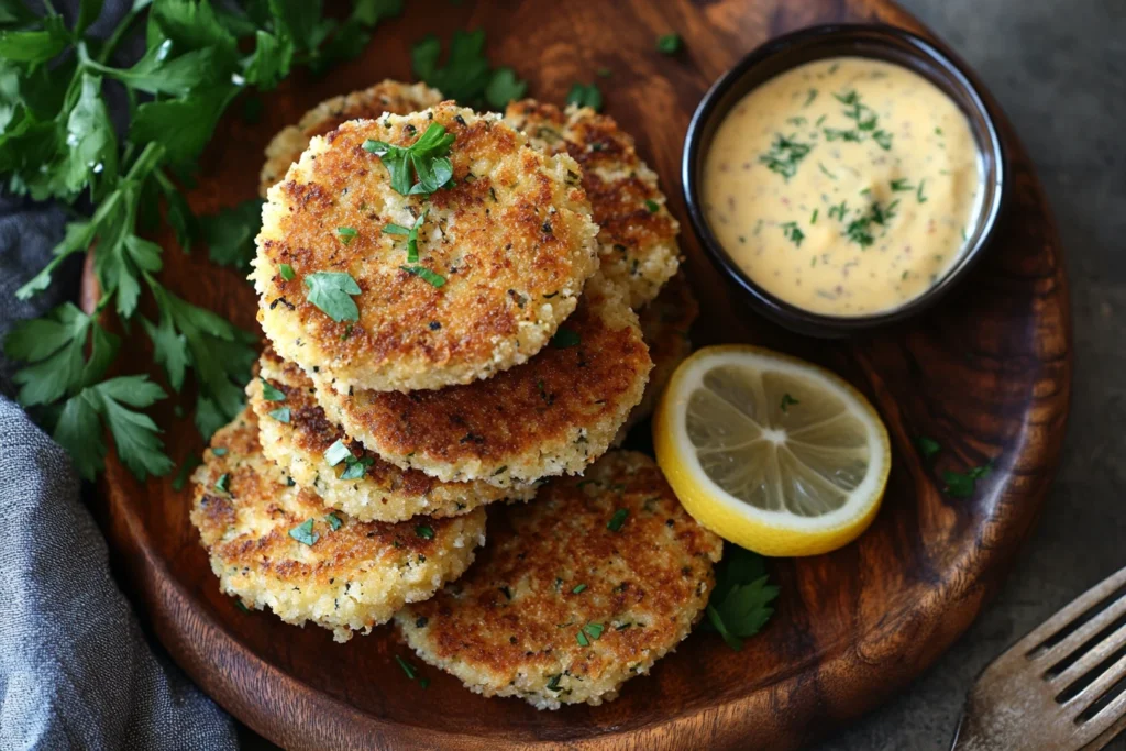 Golden-brown old-fashioned salmon patties on a rustic wooden plate, garnished with parsley and lemon slices, served with a side of lemon dill sauce.