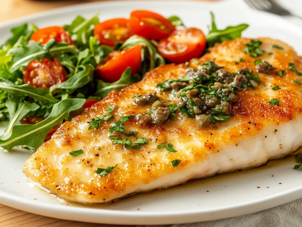 Pan-fried rockfish fillet with caper-anchovy sauce and a fresh arugula salad on a white plate.